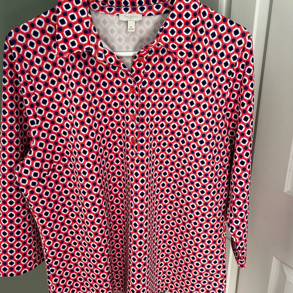 Talbots coral and Blue Patterned half Button pullover